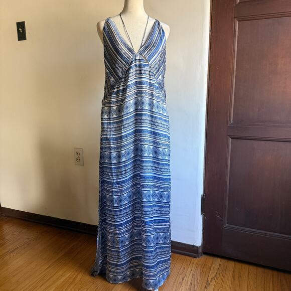 Blue and White Printed Silk Strappy Midi Gown with Splits Tacked Bodice | Large - Picture 1 of 8
